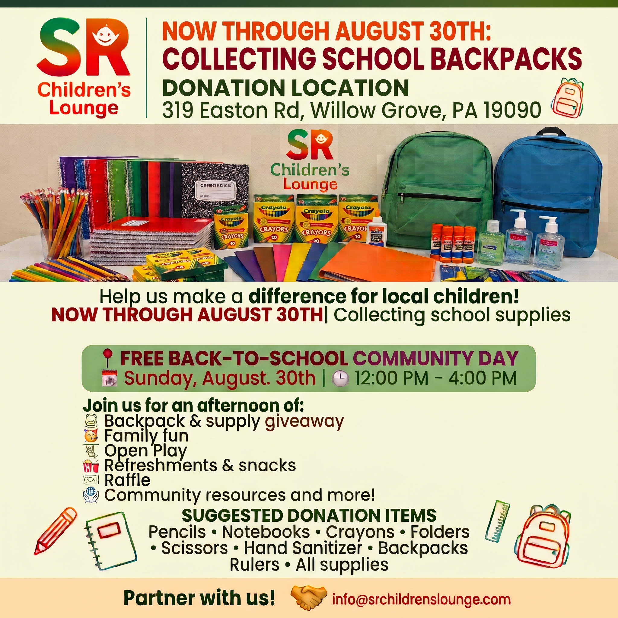 Free Back-to-School Community Day flyer for SR Children's Lounge on August 30