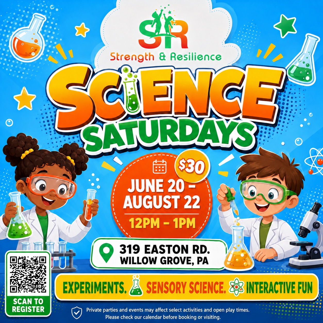 Science Saturdays flyer with experiments, sensory science, dates, time, price, and location