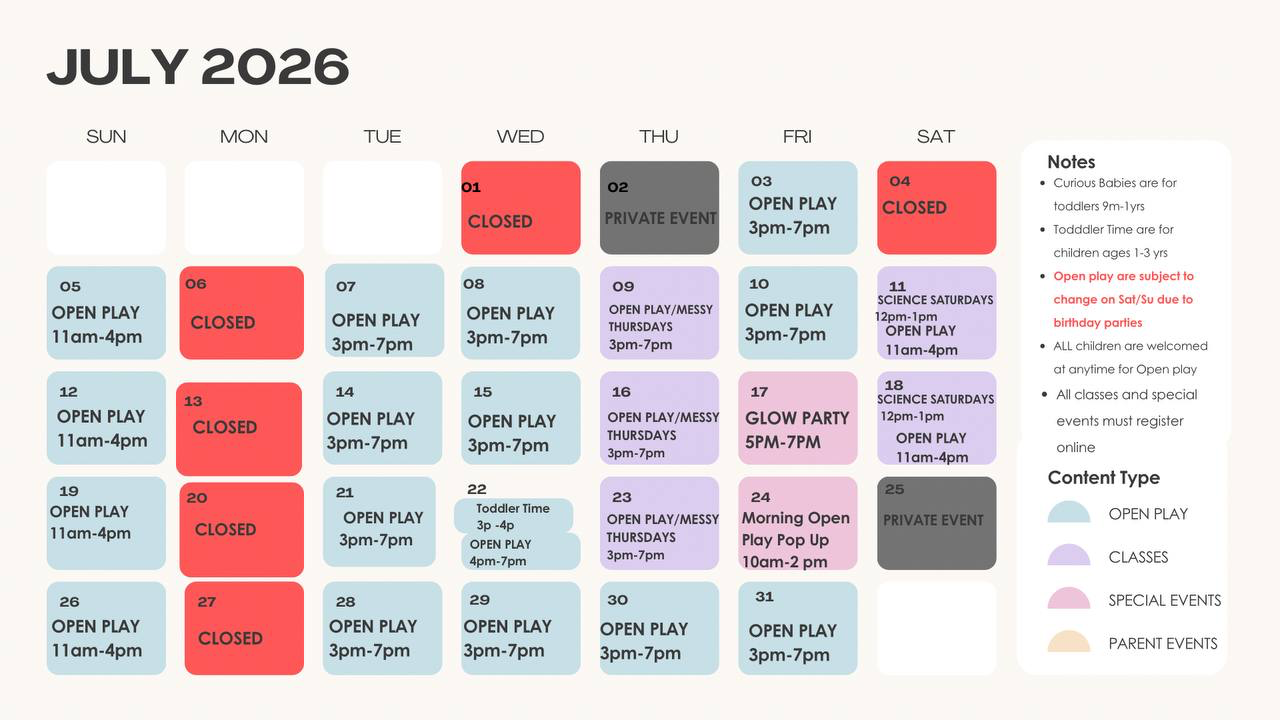 SR Sensory Gym monthly event calendar and schedule