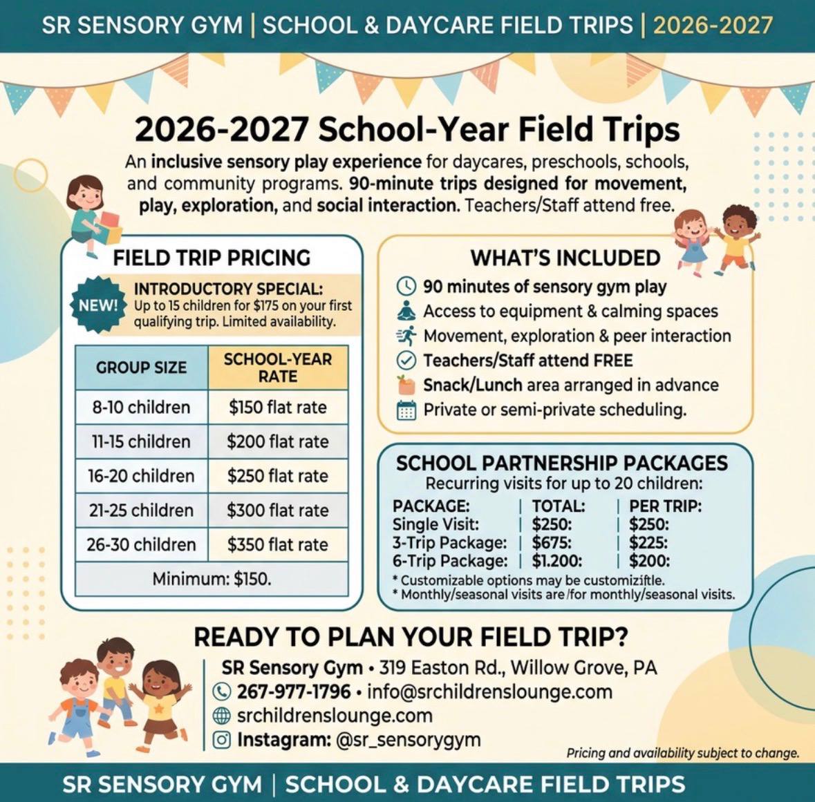 SR Sensory Gym 2026-2027 school and daycare field trip flyer with pricing and included activities