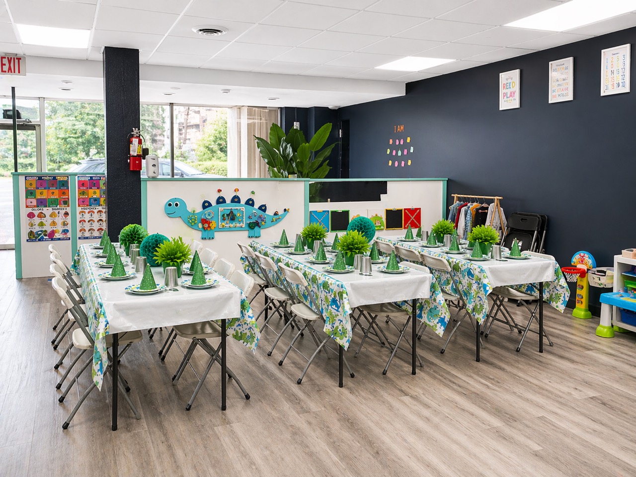 SR Sensory Gym party room set up with decorated tables and chairs